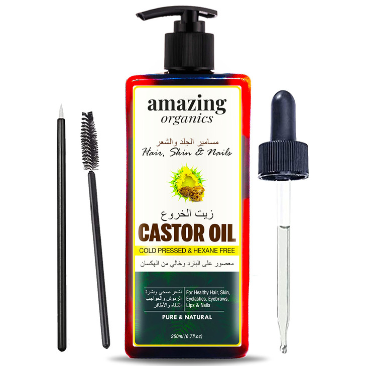 AmazingOrganics Castor Oil Pure Unrefined for Hair Skin Eyelashes Nails 250 ml