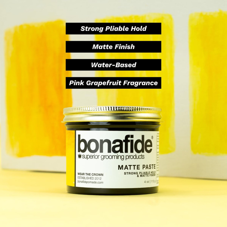 Bona Fide Pomade Matte Paste 4 oz Matte Finish Texturing Pliable Strong Hold Water Based Formula Washes out Easily Light