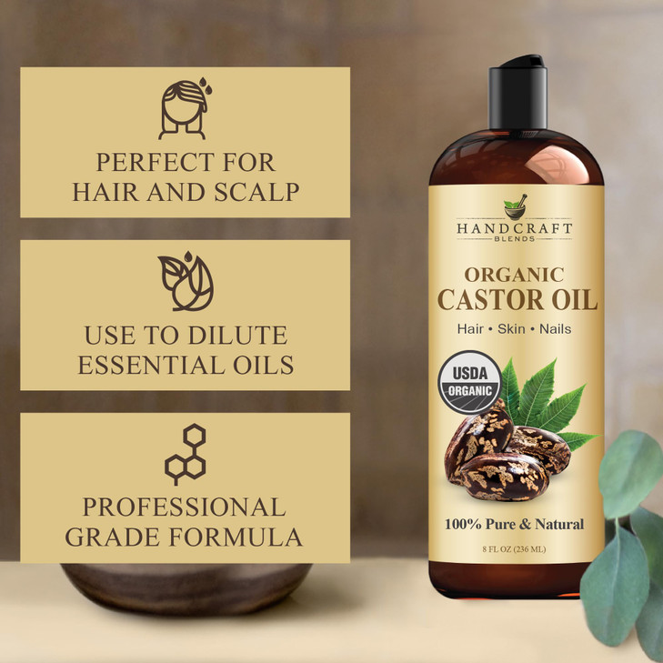 Handcraft Blends Organic Castor Oil 8 Fl Oz 100 Pure and Natural Premium Grade Carrier Oil Hair Eyelashes and Eyebrows H