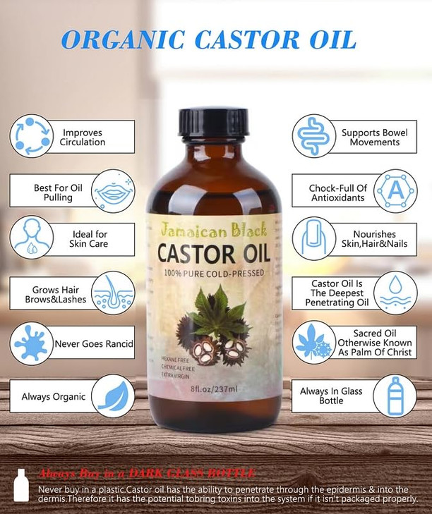 Jamaican Black Castor Oil Organic Castor Oil Cold Pressed Unrefined Glass BottleRich in Vitamin E Omega Fatty Acids and