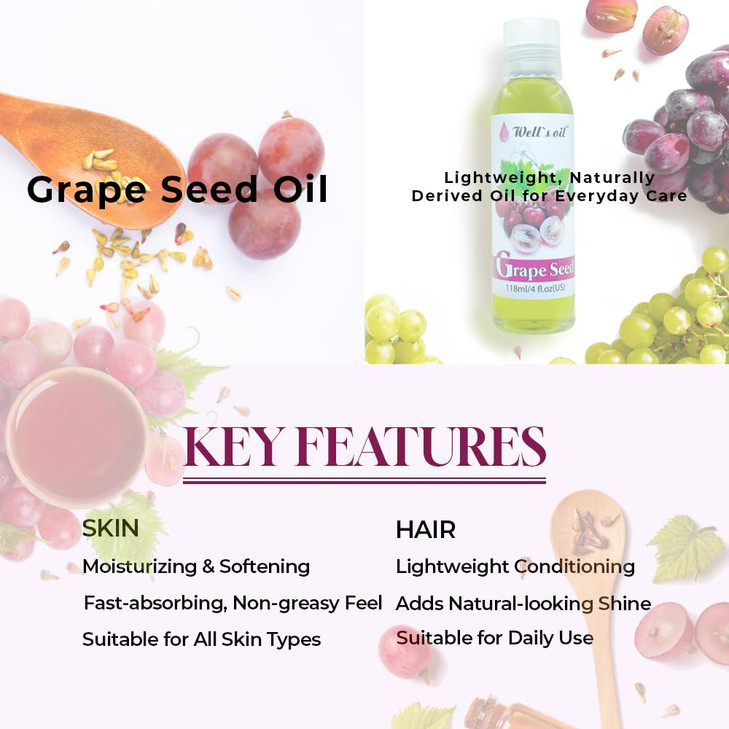 GRAPESEED OIL 4oz 118ml AllNatural For Hair Skin Nails Moisturizer for Sensitive Skin Types Refined Cold Pressed by Well