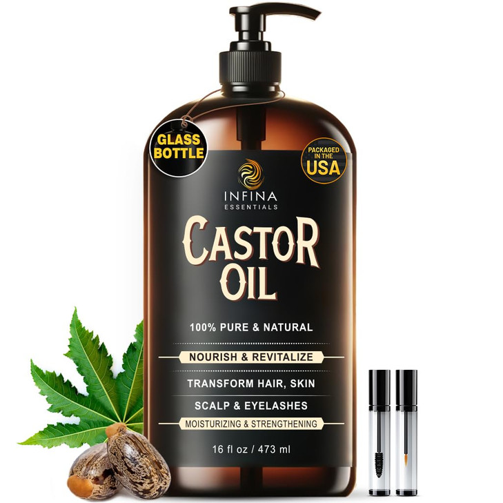INFINA ESSENTIALS Pure Cold Pressed HexaneFree Castor Oil Glass Bottle for Hair Growth Face Scalp Skin Eyelashes Nourish
