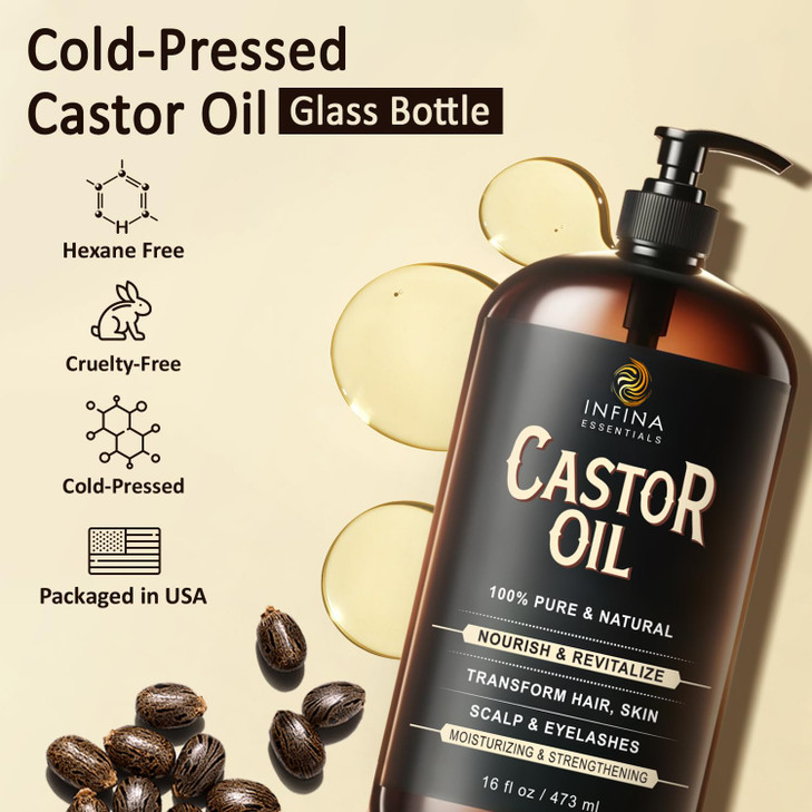 INFINA ESSENTIALS Pure Cold Pressed HexaneFree Castor Oil Glass Bottle for Hair Growth Face Scalp Skin Eyelashes Nourish