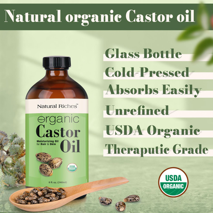 Natural Riches Unrefined Organic Castor Oil Cold pressed Glass Bottle USDA certified for Dry Skin Hair Loss Dandruff Thi