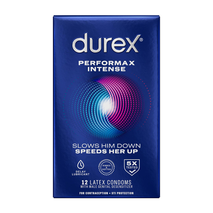 Condoms, Ultra Fine, Ribbed, Dotted with Delay Lubricant, Durex Performax Intense Natural Rubber Latex Condoms, 12 Count, Contains Desensitizing Lube
