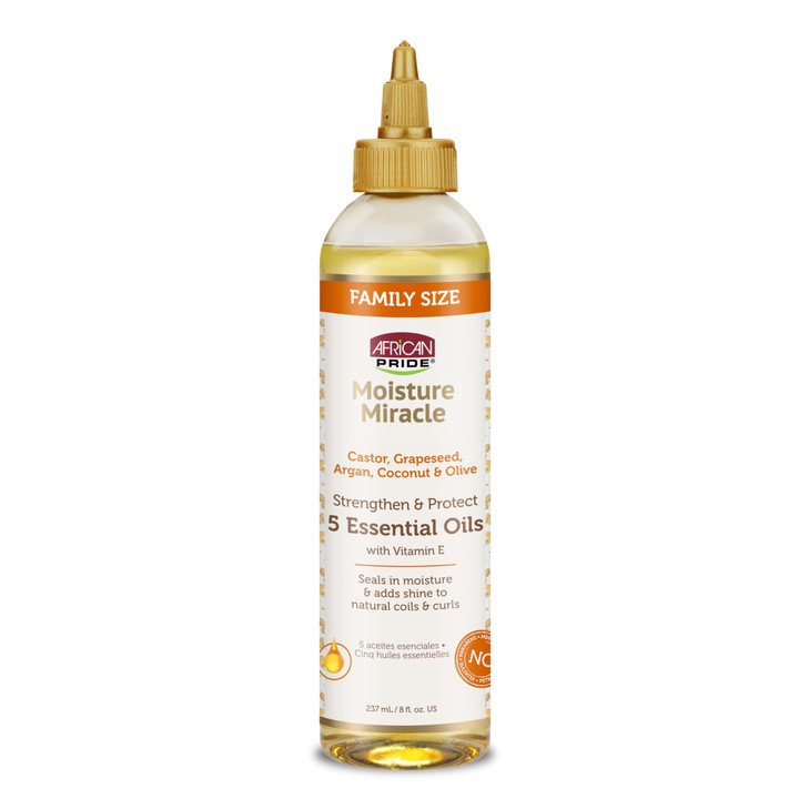 African Pride Moisture Miracle 5 Essential Hair Oils with Vitamin E Moisture Shine Protection and Growth Argan Castor Gr