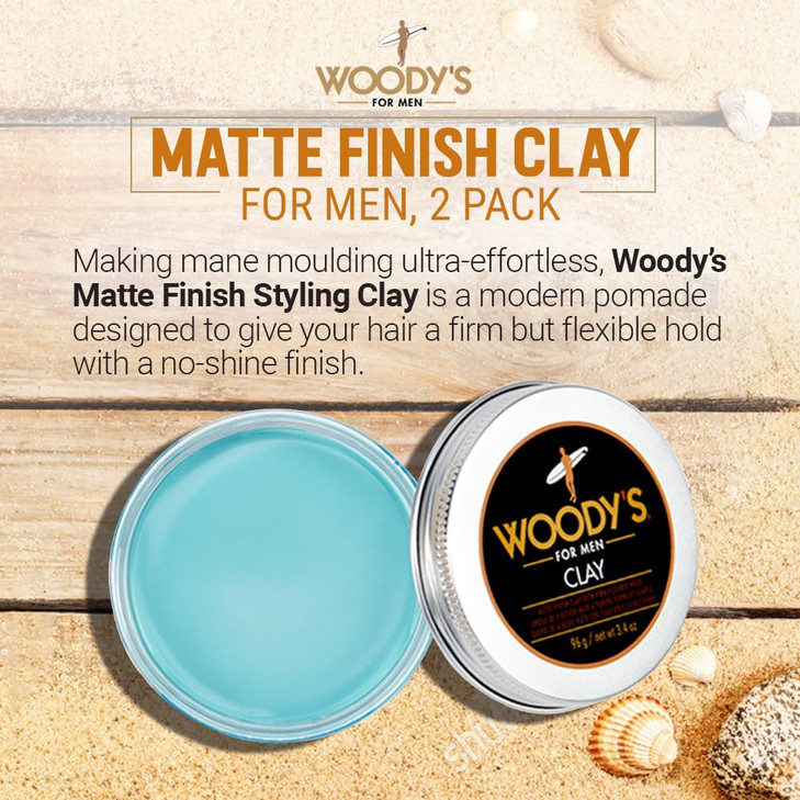 Woodys Hair Clay for Men Matte Finish Styling Pomade for Men Stronghold Firm and Flexible Control 34 oz 2Pack