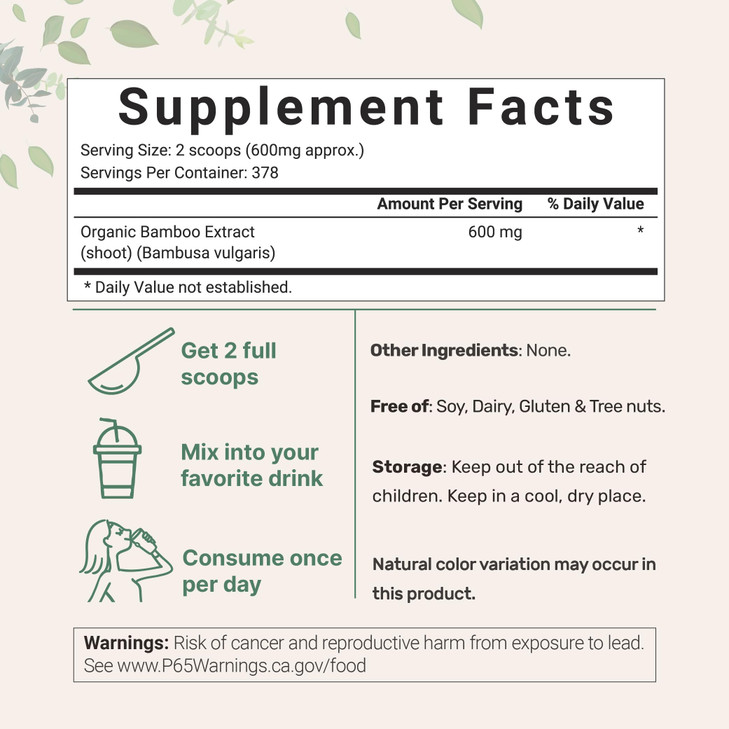 Micro Ingredients Organic Bamboo Extract Powder 8oz 378 Servings Bamboo Plant Silica Mineral Supplements Natural Stem Le