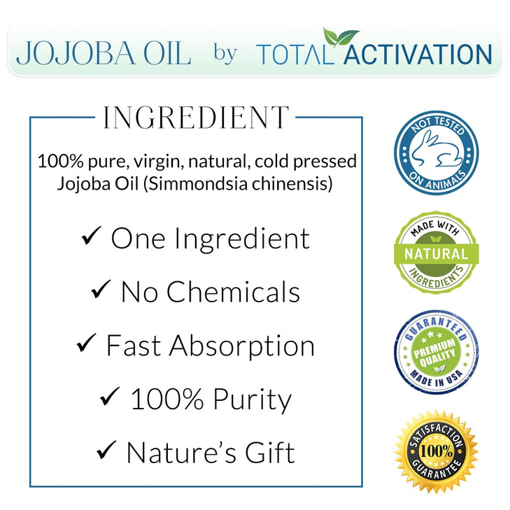Total Activation Organic Jojoba Oil for Skin Hair Nails 100 Pure Natural Unrefined Cold Pressed Natural Face Moisturizer