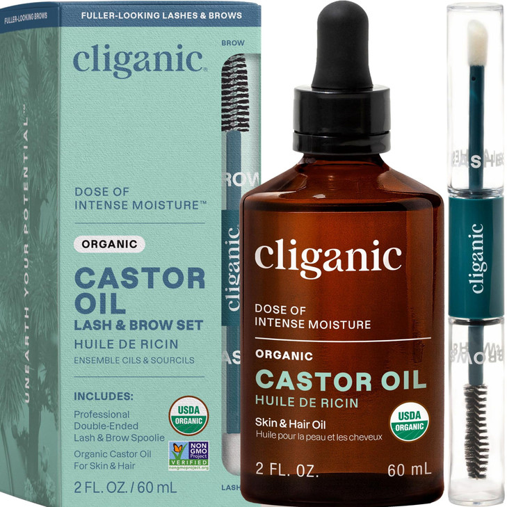 Cliganic Organic Castor Oil 100 Pure 2oz Glass Bottle with Eyelash Kit For Eyelashes Eyebrows Hair Skin Packaging May Va