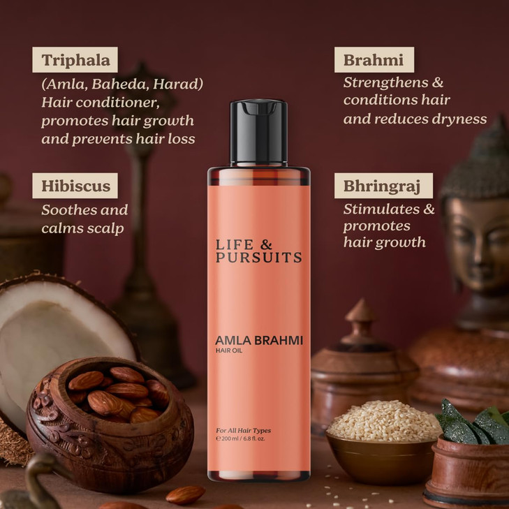 Life Pursuits Amla Brahmi Oil for Healthy Hair Scalp 68 Oz Natural Indian Ayurveda Blend with Coconut Castor Sesame Trip