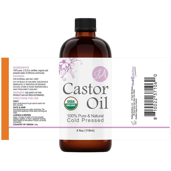 Healing Solutions Oils 4 oz Castor Oil Organic Pure Natural Cold Pressed Hexane Chemical Free Natural Solution Lash Seru