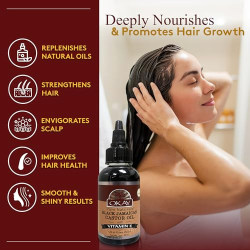 Okay Pure Naturals Black Jamaican Castor Oil with Vitamin E - Castor Oil for Hair Health, Moisture for Skin, Body, Scalp, Eyelashes, Eyebrows, for Me