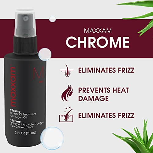 Maxxam Chrome Leavein Hair Oil Treatment with Argan Oil Heat Shield for Dry Hair to Control Frizz and Add Shine 3 Fl Oz