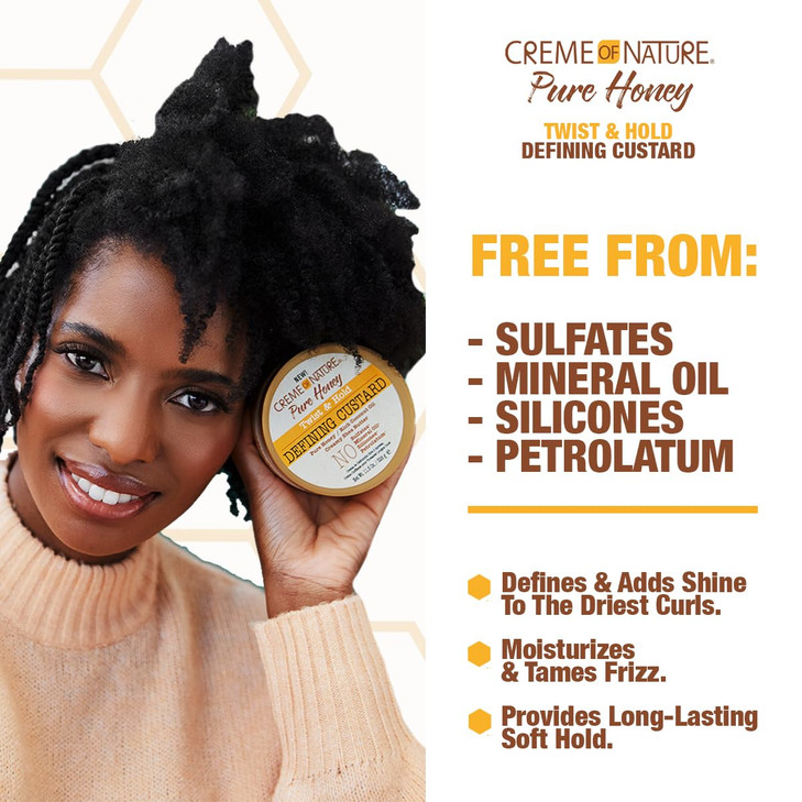 Creme of Nature Defining Custard Pure Honey Coconut Oil and Shea Butter Formula Twist Hold 115 Oz