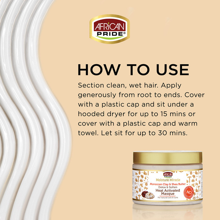 African Pride Moisture Miracle Moroccan Clay Shea Butter Heat Activated Masque For Natural Coils Curls Detoxes Softens R