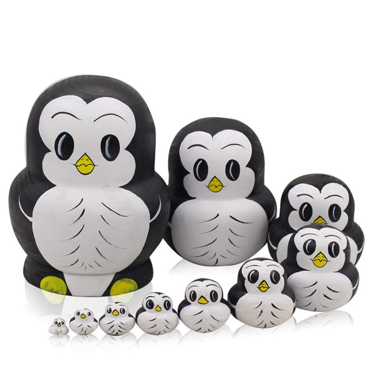 Moonmo 10pcs Animal Pattern Wooden Nesting Toys Russian Nesting Dolls Matryoshka Stacking Dolls Penguin