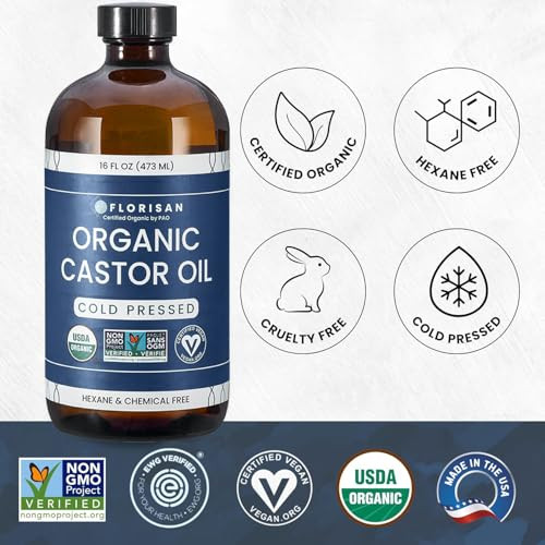 Florisan Organic Castor Oil 16oz Glass Bottle Cold Pressed HexaneFree NonGMO 100 Pure Castor Oil for Hair Growth Skin La