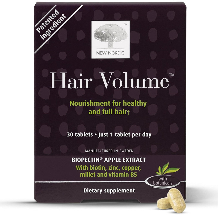 New Nordic Hair Volume Tablets 3000 mcg Biotin Biopectin Apple Extract Hair Vitamins to Support Natural Hair Growth 30 C