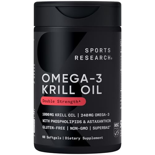 Sports Research Omega3 Krill Oil 1000mg Pure Antarctic Superba Krill with Phospholipids Choline Astaxanthin MSC Certifie