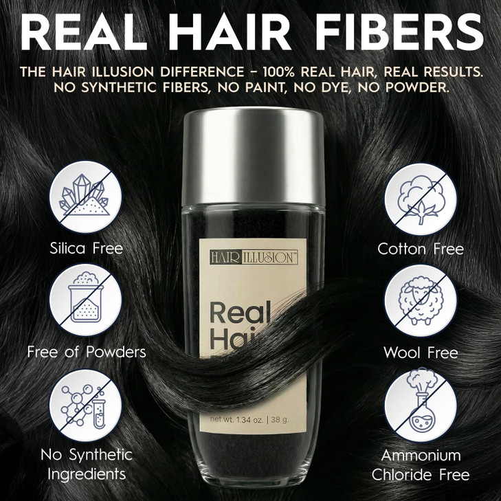 Hair Illusion Black Real Hair Fibers for Thinning Hair 100 Natural Texture Non Synthetic Hair Fibers Bald Spot Cover Up