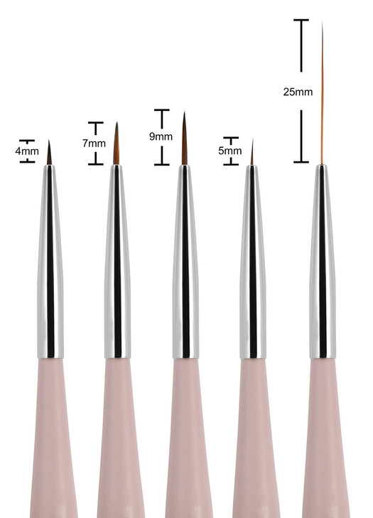 Beaute Galleria 5 Pieces Nail Art Brush Set with Liners (4mm, 7mm, 9mm) Striping Brushes (5mm, 25mm), for Thin Fine Line Drawing, Detail Painting, St