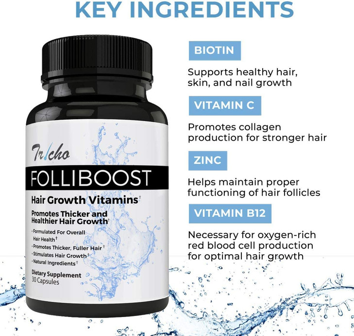 Folliboost Tricho Hair Growth Vitamins Biotin Vitamin C Zinc Vitamin B12 Hair Care Capsules for Thicker Fuller Healthier