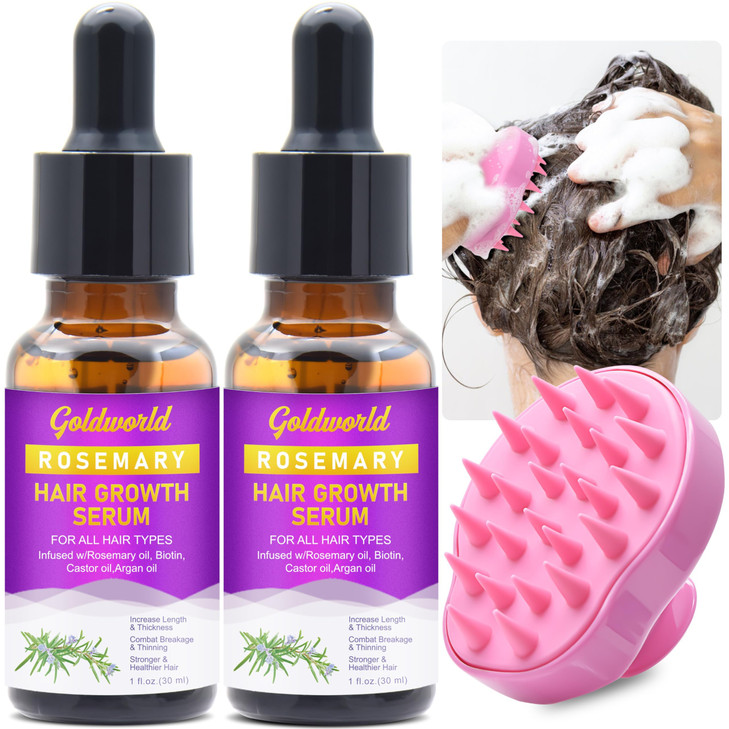 GOLDWORLD Rosemary Oil for Hair Growth2 Pack Growth Serum Products wScalp Massager Castor Biotin Argan Thinning Dry Dama