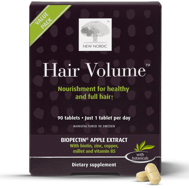 NEW NORDIC Hair Volume Tablets 3000 mcg Biotin Biopectin Apple Extract Hair Vitamins to Support Natural Hair Growth 90 C