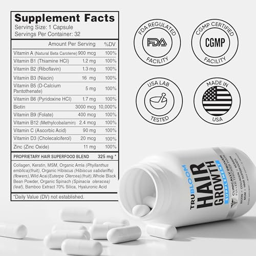 Tru Bloom Hair Growth Vitamins 1 Month Supply Clinically Proven to Grow Fuller Thicker Hair DrugFree with Biotin Collage