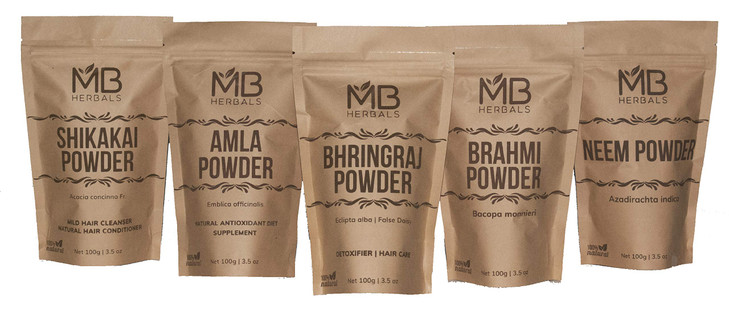 MB Herbals Hair Care Powders COMBO Pack Shikakai Neem Brahmi Amla Bhringaraj Powders 100 Grams Each For Hair Pack Extern
