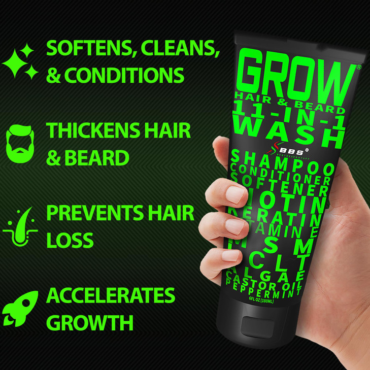 Beard Wash Shampoo Conditioner 11in1 GROW Hair Beard Growth Wash with Biotin Castor Oil Peppermint Keratin Supports Thic