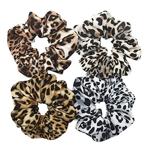 Otyou 4 Pack Bright Leopard Print Hair Scrunchies Soft Fabric Scrunchy Bobbles Elastic Hair Bands Ties Hair Accessories Wrist Band Cosplay Show for W