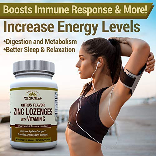 Windmill Health Natural Vitamins Zinc Lozenges with Vitamin C Honey Lemon Flavor, Immune System Support, Provides Antioxidant Support, Delicious & Fa