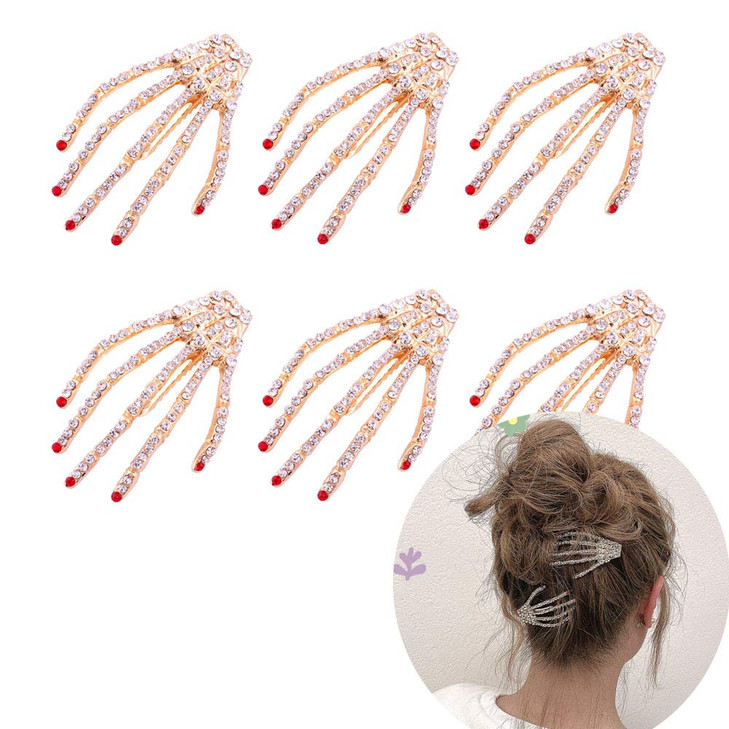 Luckycivia 6 Pcs Halloween Rhinestone Bone Shape Hair Clips, Skeleton Claws Barrette, Alloy Hairpins, Zombie Punk Rock Horror Hair Accessories for Wo