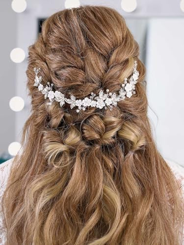 GORAIS Flower Bride Wedding Hair Vine Crystal Bridal Pearl Headpiece Prom Leaf Hair Accessories for Women and Girls