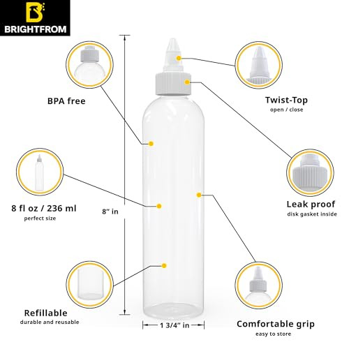 BRIGHTFROM Twist Top Applicator Bottles, 8 OZ Crystal Clear, Squeeze Empty Plastic Bottles, BPA-Free, PET, Refillable, Open/Close Nozzle - Multi Purp