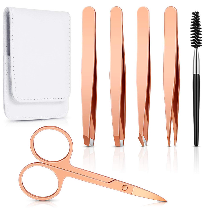 Honoson 6 Pcs Eyebrow Tweezers Set for Women Precision Tweezer for Eyebrows with Curved Scissors Eyelash Brush Girls Facial Hair Plucking Daily Beaut