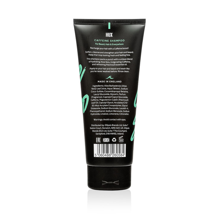 HUX caffeine Shampoo a hair and beard shampoo with a unique blend of Aloe Vera invigorating Caffeine and refreshing patc