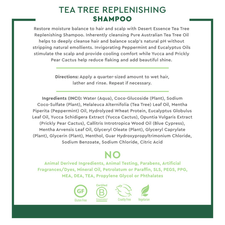 Desert Essence Tea Tree Oil Replenishing Shampoo 127 fl oz Gluten Free Vegetarian NonGMO Paraben Free Moisture Replenish