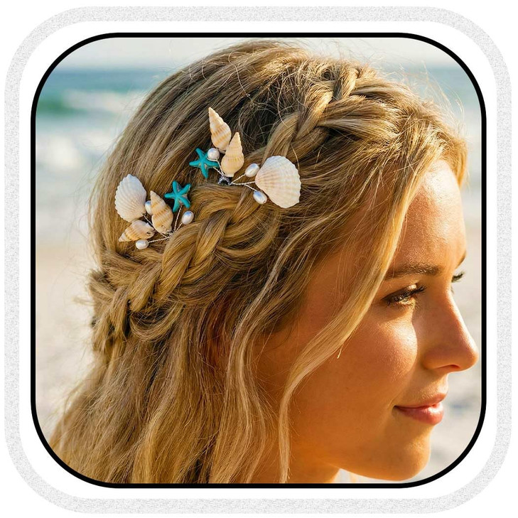 Brishow Seashell Hair Pins with Blue Starfish and Pearls, U-Shaped Bridal Wedding Hair Clips for Beach Mermaid Party (2Pcs)