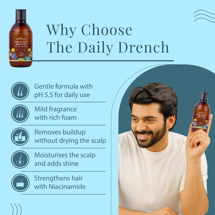 Satthwa Daily Drench Everyday Mild Shampoo Powered By Niacinamide pH 55 SLS Paraben Free All Hair Types For Men Women 22