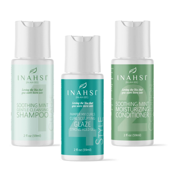INAHSI Sample Pack Gentle Cleansing Shampoo Soothing Mint Conditioner Curl Sculpting Glaze Strong Hold Gel Hair Products