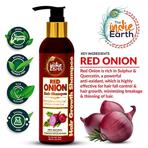 The Indie Earth Red Onion Shampoo with Caffeine Curry Leaf and Indian Alkanet Root 200ml 676 FlOz Best Onion Shampoo