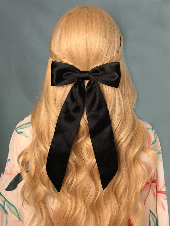 Furling Pompoms Hair Bows Clips with Long Tail, 2pcs Black Ribbon Hair Clip for Women, Satin Bowknot Barrettes, Big Bows for Girls Hair Accessories,