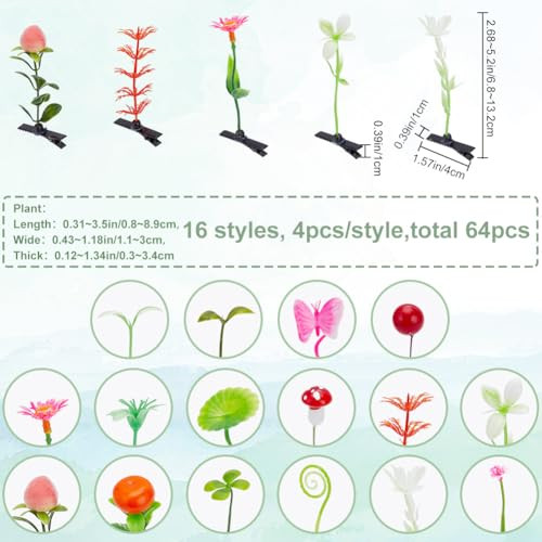 CRASPIRE 64Pcs Bean Sprout Hair Clips Flower Plant Grass Hairpins 16 Style Little Grass Barrette Headwear for Women School Home Party Favors Funny Ha