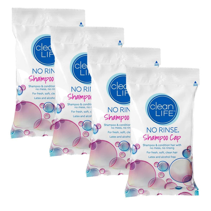 Cleanlife Products NoRinse Shampoo Cap 4 Pack Waterless Rinseless Hair Washing and Conditioning Shower Caps for Bathing
