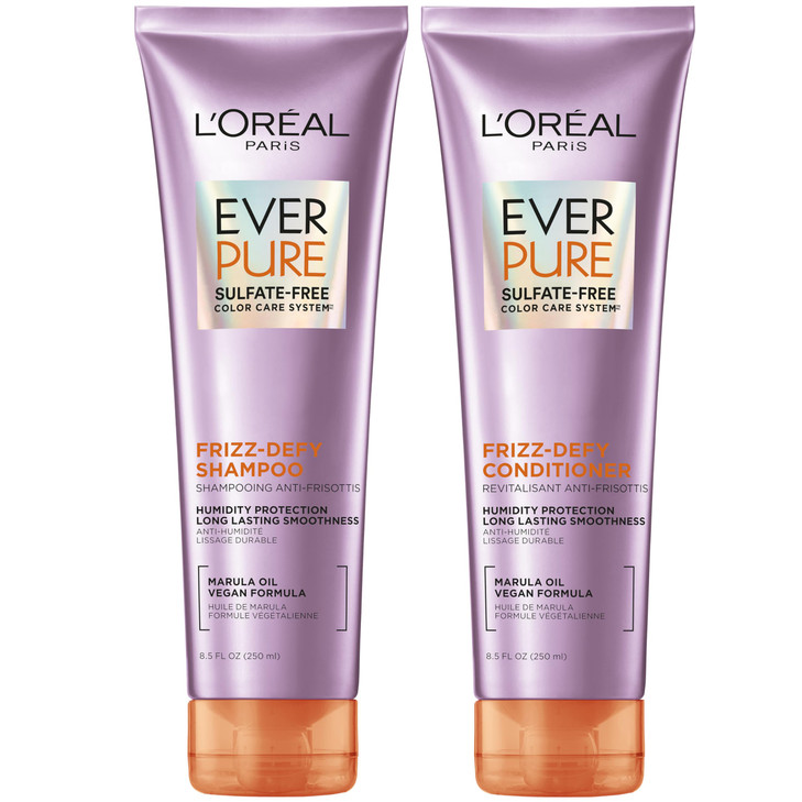 LOreal Paris Frizz Defy Shampoo and Conditioner Set Frizz Control Hair Care with Marula Oil EverPure 85 Fl Oz Set of 2