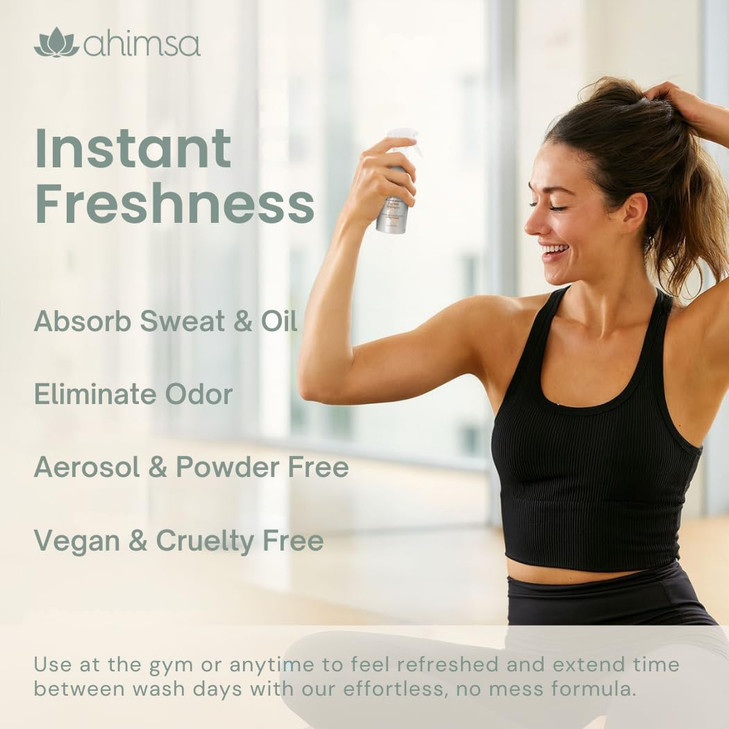 Ahimsa Non Aerosol Dry Shampoo Mist Spray No White Residue Dark Hair Post Workout Dry Shampoo for Sweat Oil Odor Control