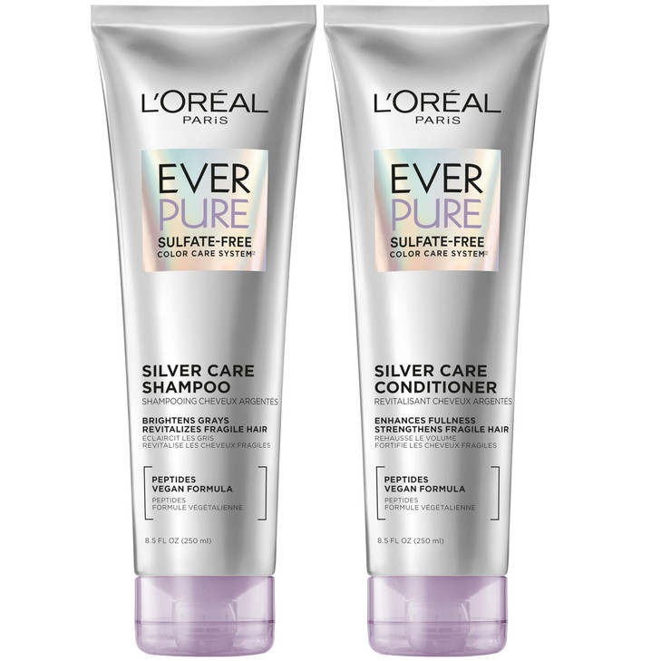 LOreal Paris EverPure Silver Care Sulfate Free Shampoo and Conditioner Set Nourishing Vegan Formula with Peptides for Br